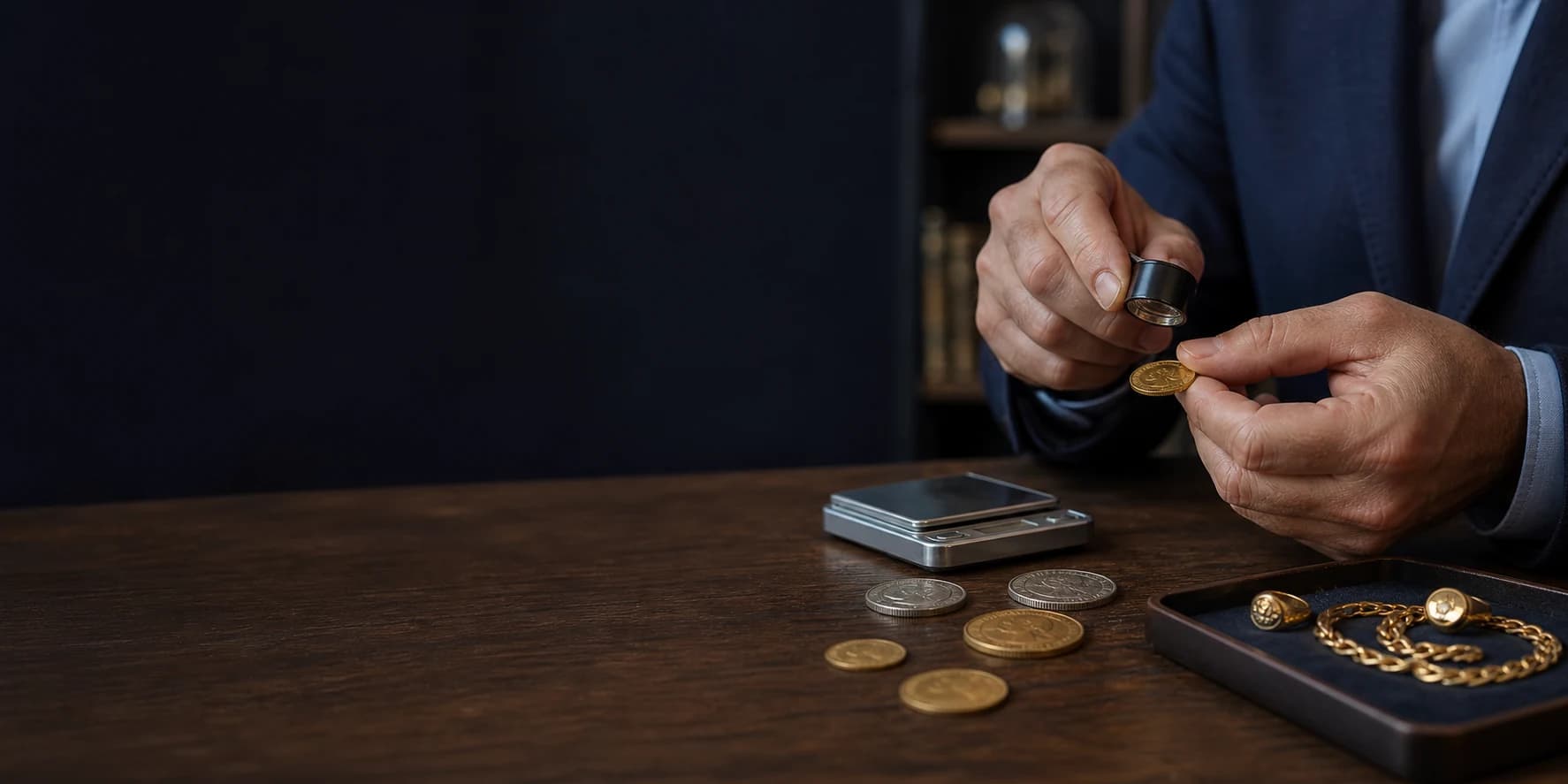 Expert examinant une pièce de monnaie près de bijoux en or et d’une balance